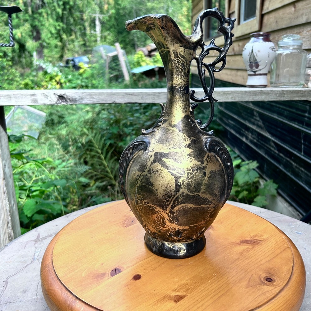 Vintage Ceramic Ewer Pitcher Vase Large Black Gold Gothic Hollywood Regency MCM